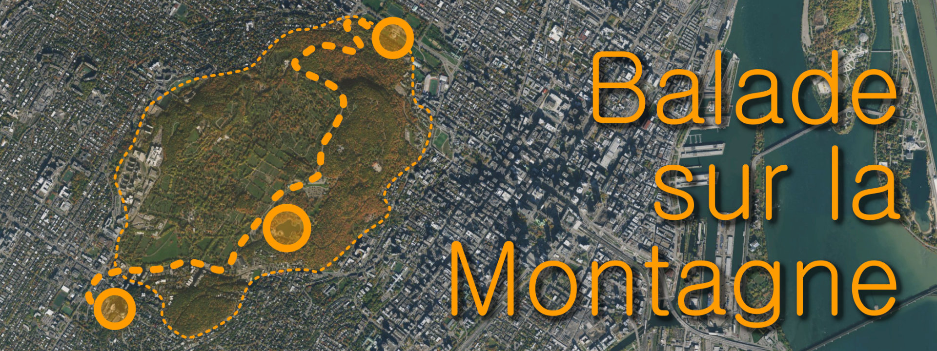 Satelite image of Montreal with Mont Royal park highlighted