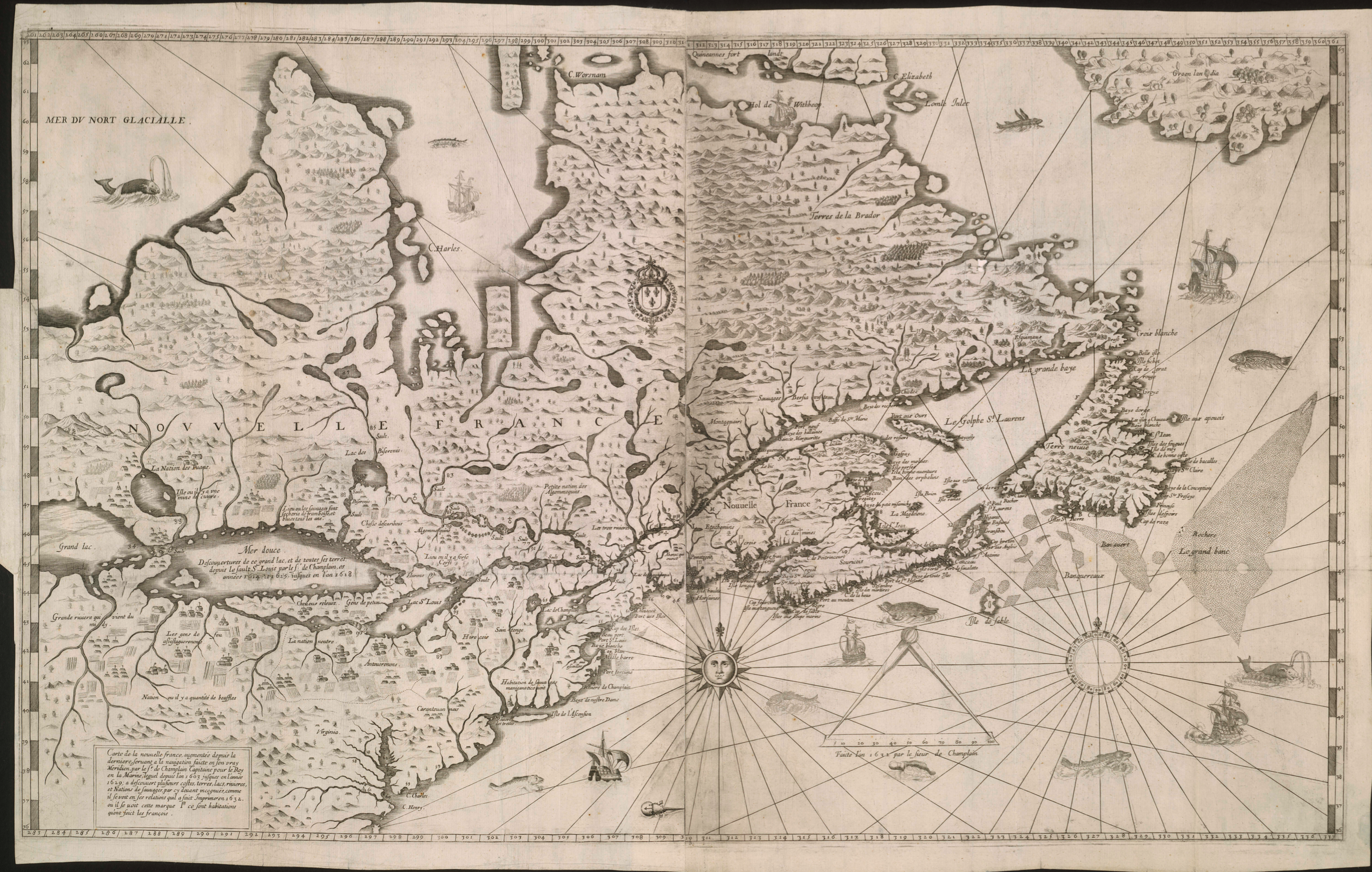 Vue d'ensemble de la carte géographique dessinée par Samuel de Champlain en 1632