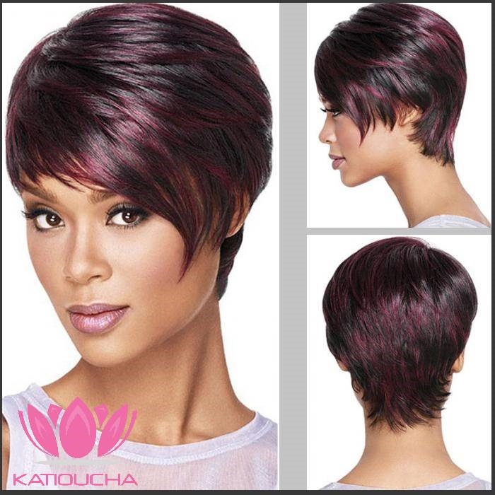 Black Short Hair With Burgundy Highlights Full Wig Code M19 231